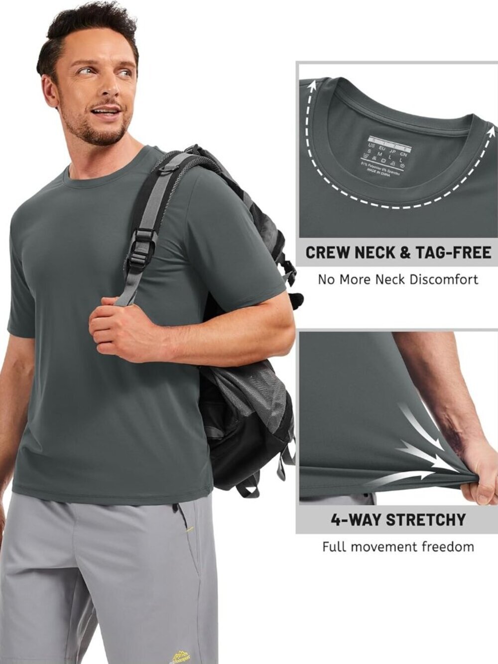 Men’s 08 Dark Grey Quick-Dry Workout T-Shirt – Athletic Running Sun Protection - Picture 5 of 6